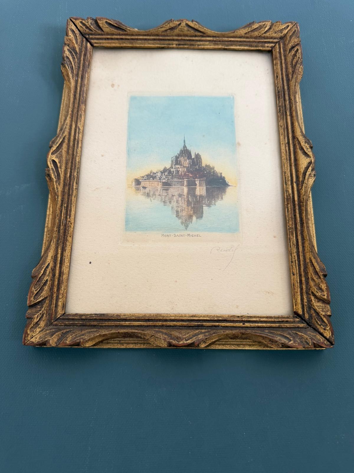 French Champagne Bottle Mustard Jar "C"; Dog Sketch in Gold Wood Frame; Vintage Signed Reidel Hand Colored Etching of Mont Saint Michel - Collector & Curator