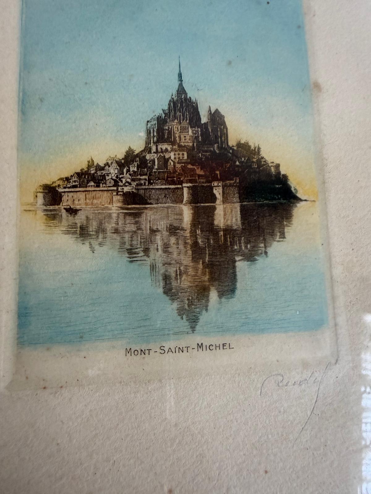 French Champagne Bottle Mustard Jar "C"; Dog Sketch in Gold Wood Frame; Vintage Signed Reidel Hand Colored Etching of Mont Saint Michel - Collector & Curator