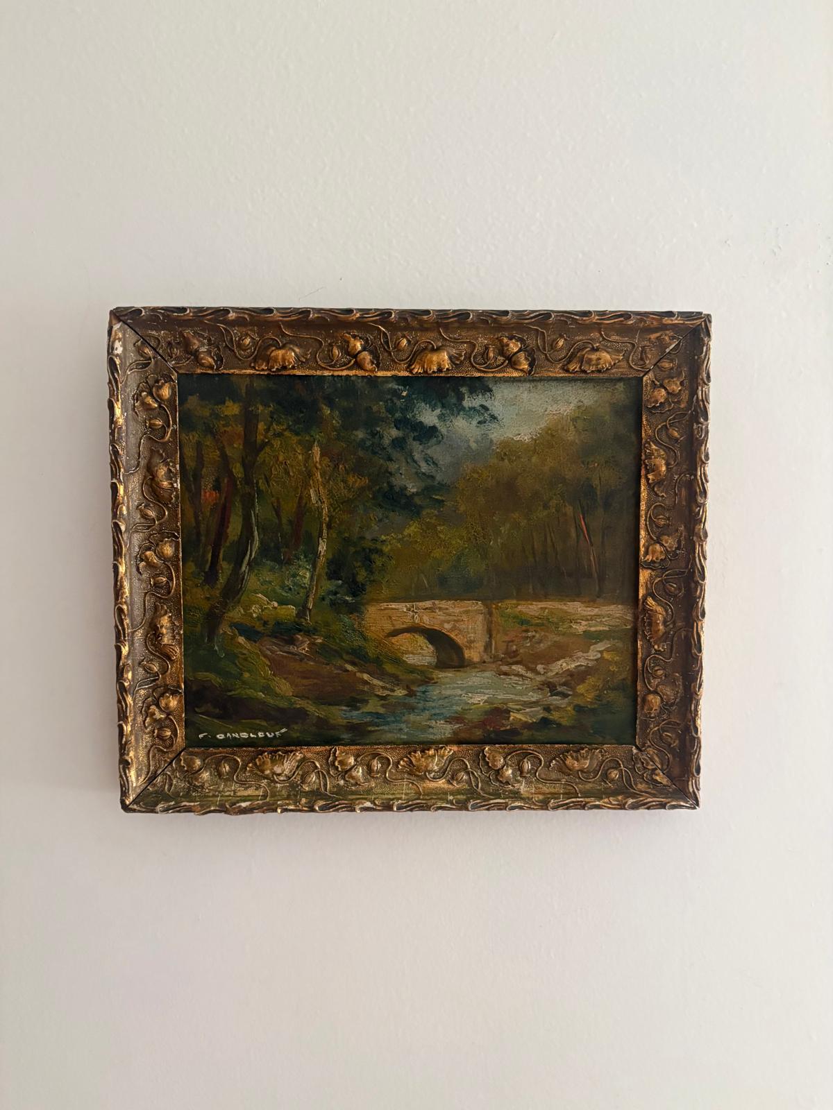Antique French Landscape Oil Painting with Stone Bridge; European Canal Scene Oil on Board; Antique Landscape Oil on Wood Panel with Gilt Frame circa 1900 - Collector & Curator
