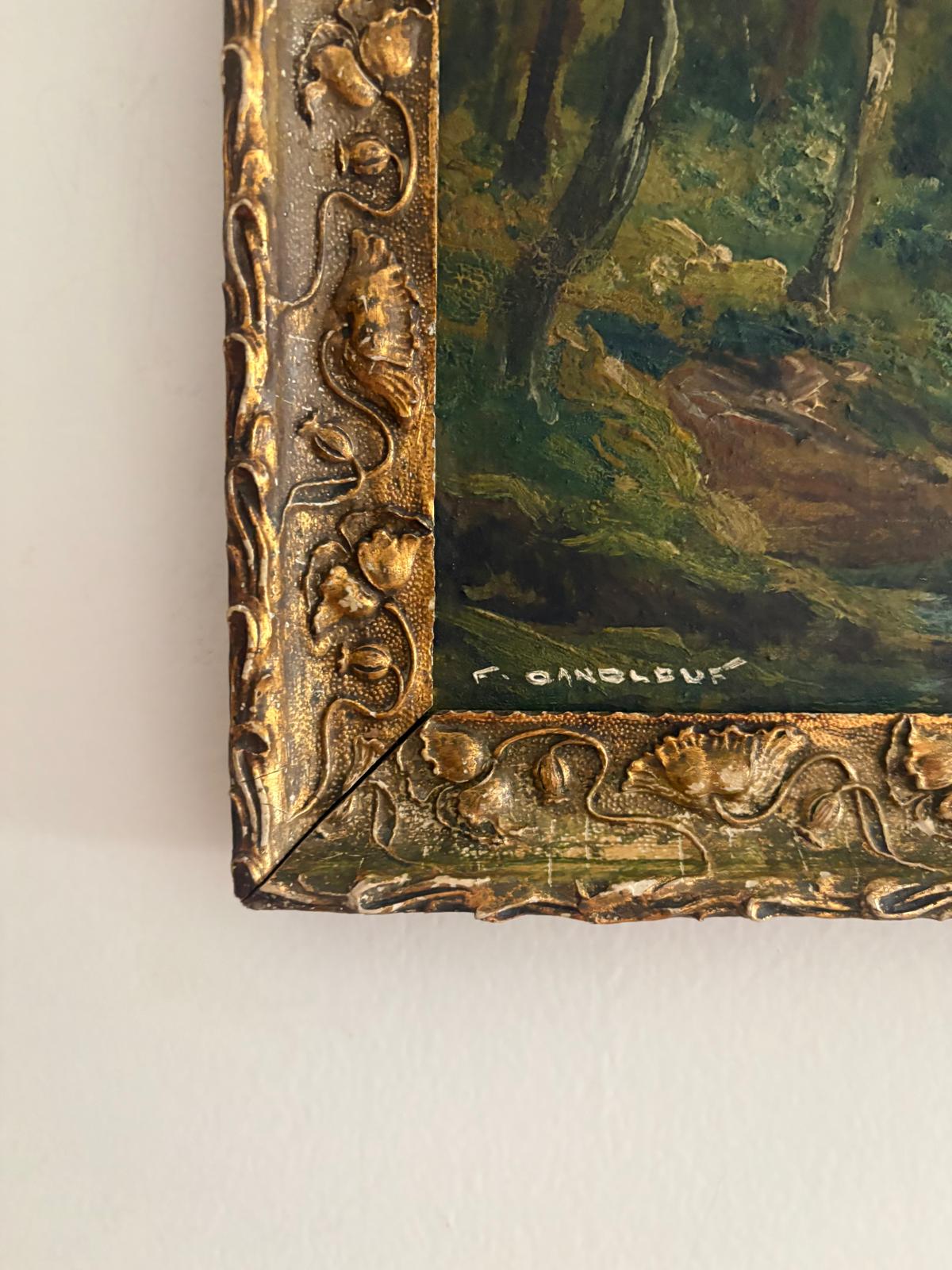 Antique French Landscape Oil Painting with Stone Bridge; European Canal Scene Oil on Board; Antique Landscape Oil on Wood Panel with Gilt Frame circa 1900 - Collector & Curator