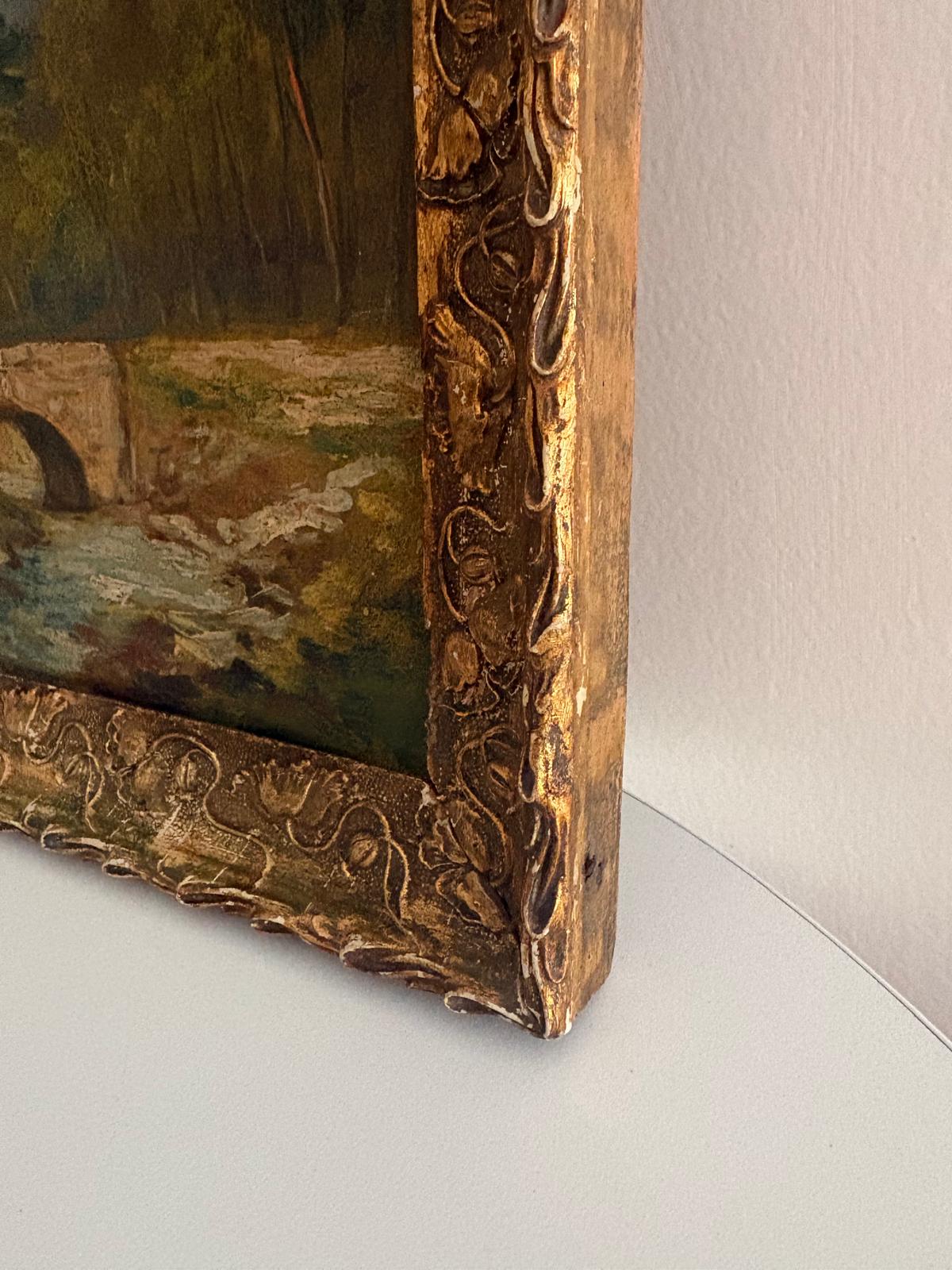 Antique French Landscape Oil Painting with Stone Bridge; European Canal Scene Oil on Board; Antique Landscape Oil on Wood Panel with Gilt Frame circa 1900 - Collector & Curator