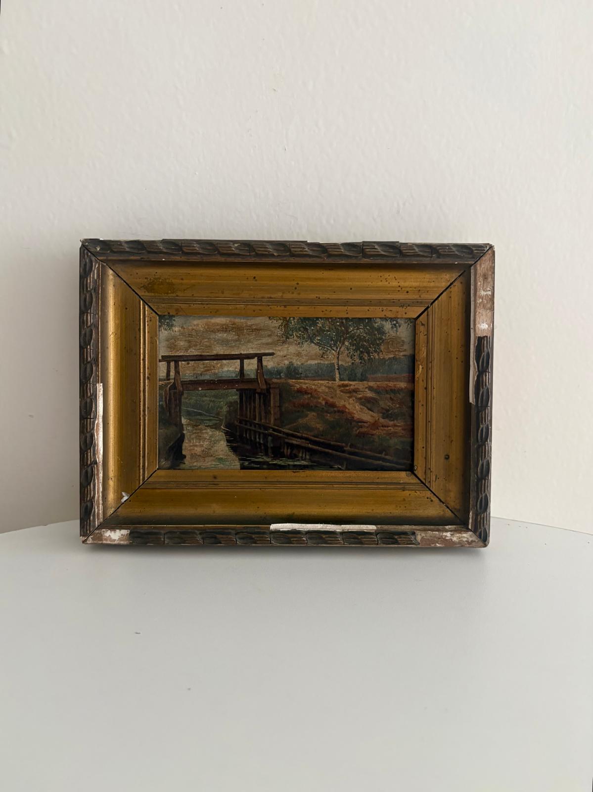 Antique French Landscape Oil Painting with Stone Bridge; European Canal Scene Oil on Board; Antique Landscape Oil on Wood Panel with Gilt Frame circa 1900 - Collector & Curator