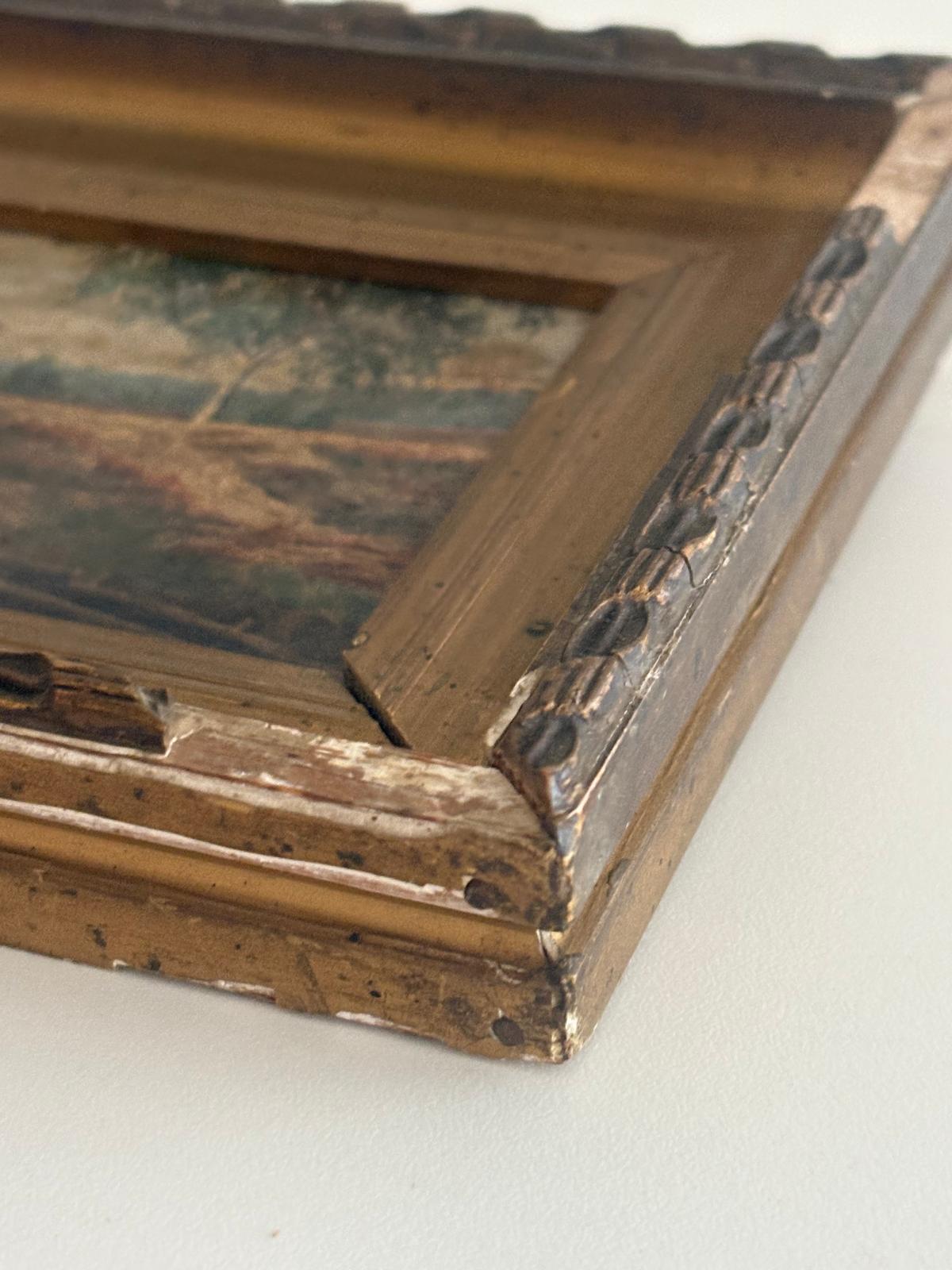 Antique French Landscape Oil Painting with Stone Bridge; European Canal Scene Oil on Board; Antique Landscape Oil on Wood Panel with Gilt Frame circa 1900 - Collector & Curator