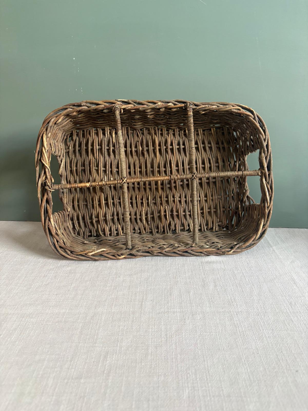 Antique Double Salt Cellar with Glass Bowls, 8 Vintage Ribbed Footed Soda Fountain Glasses, Vintage French Woven Willow Basket Tray