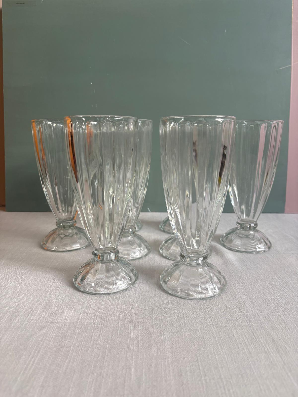 Antique Double Salt Cellar with Glass Bowls, 8 Vintage Ribbed Footed Soda Fountain Glasses, Vintage French Woven Willow Basket Tray
