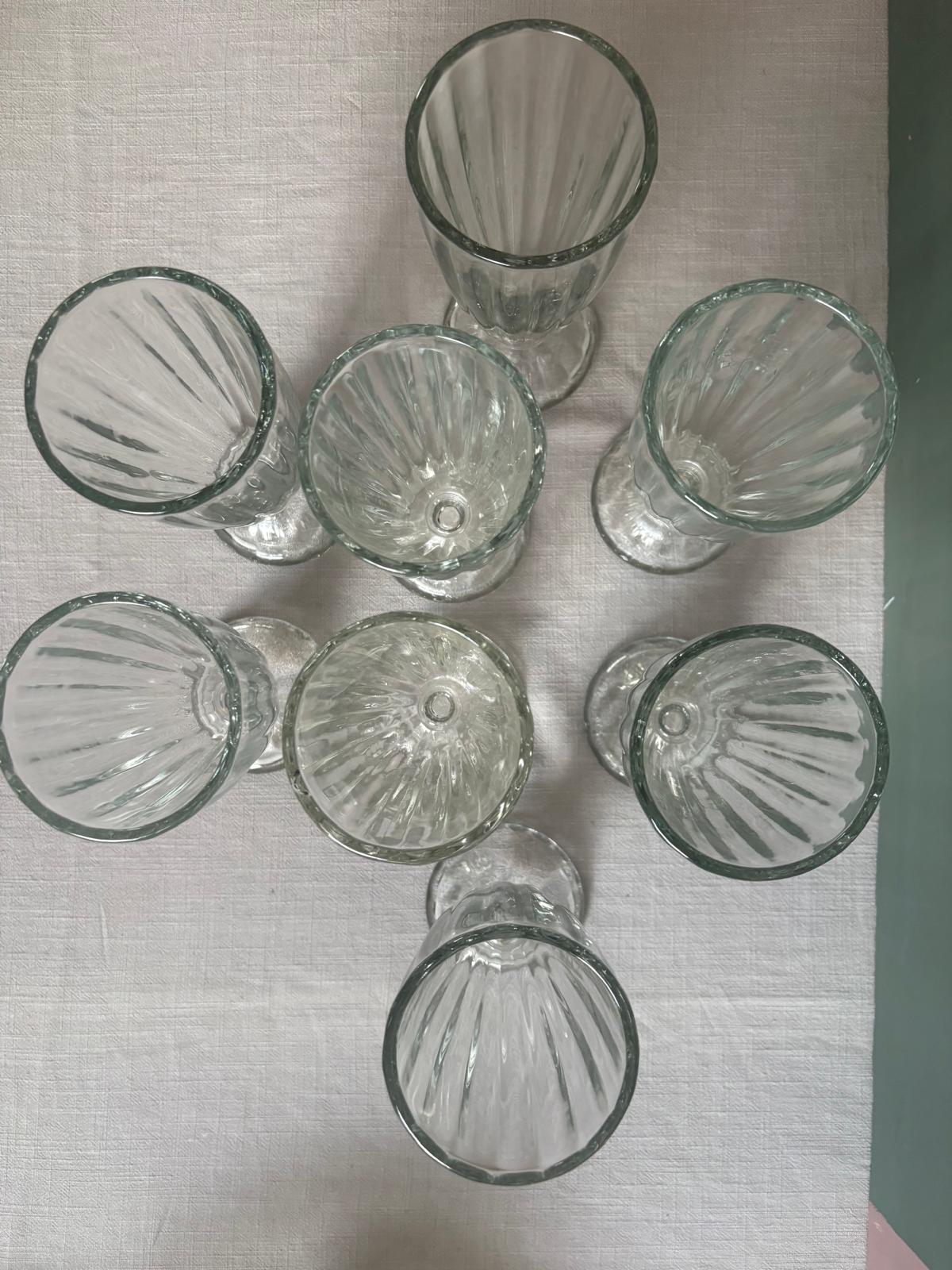 Antique Double Salt Cellar with Glass Bowls, 8 Vintage Ribbed Footed Soda Fountain Glasses, Vintage French Woven Willow Basket Tray