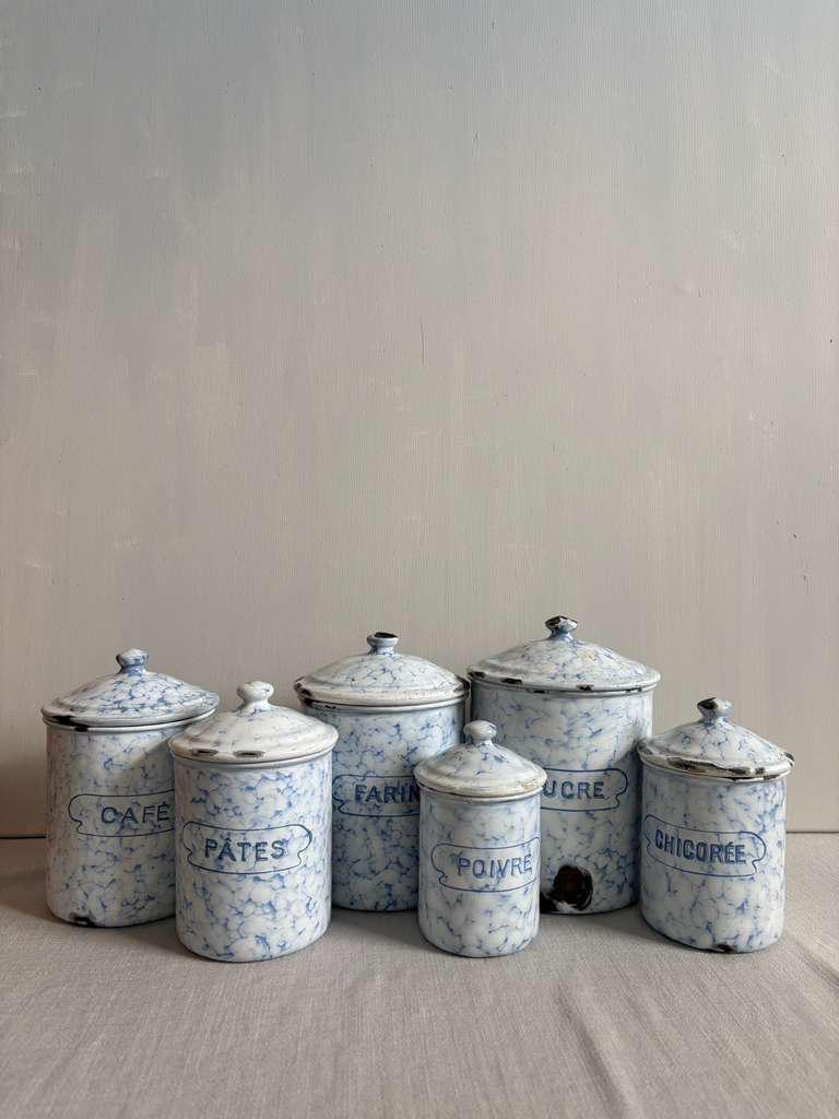 Antique French Blue Marbled Enamel Canister Set - Collector & Curator