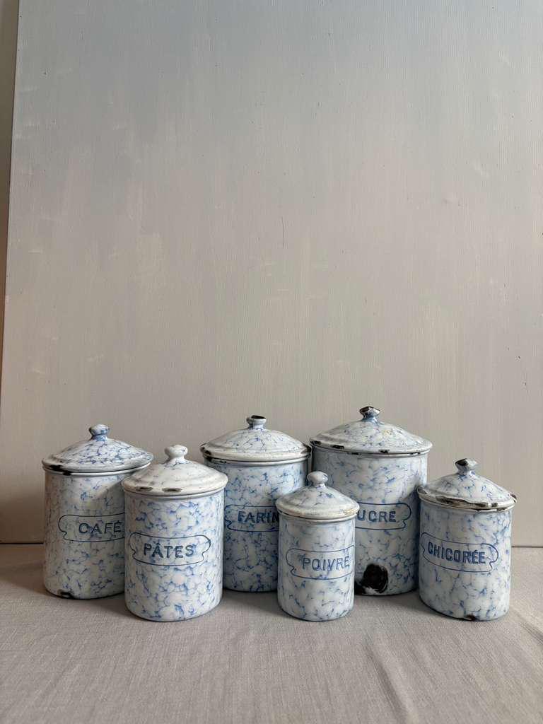 Antique French Blue Marbled Enamel Canister Set - Collector & Curator
