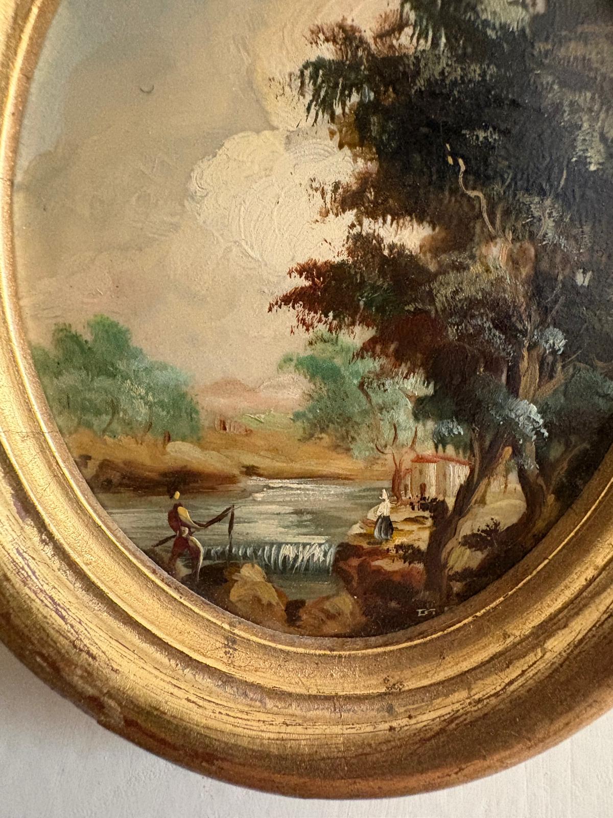 Vintage Guidotti Florence Italy Oil on Board, Oval Gilt Framed Miniature Landscape Painting - Collector & Curator