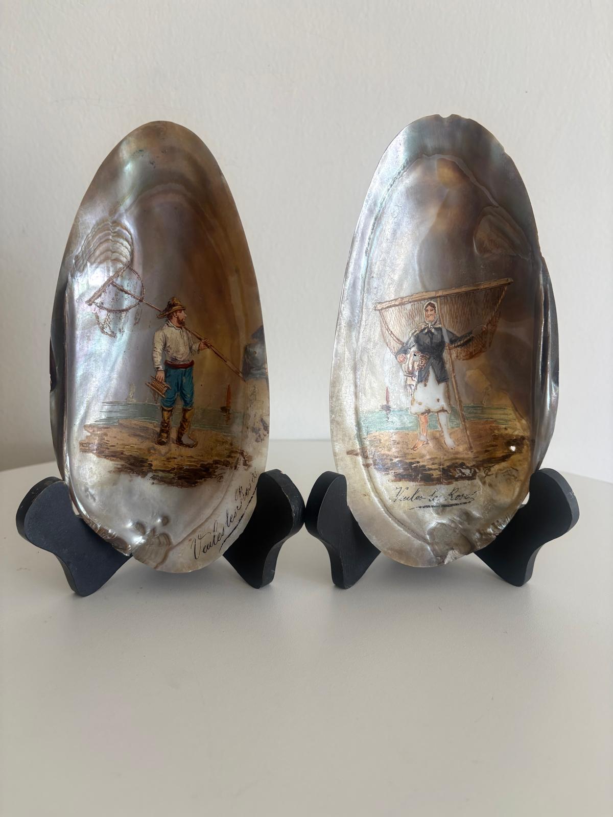 Antique French Hand Painted Mother-of-Pearl Shells /Veules-les-Roses Normandy Fisherman Pair