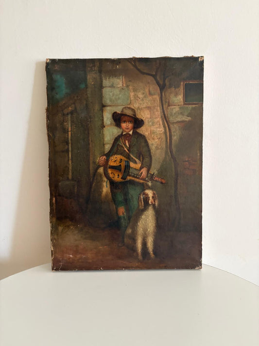 Antique 19th Century Oil Painting Savoyard  Boy with Hurdy Gurdy and Dog - Collector & Curator