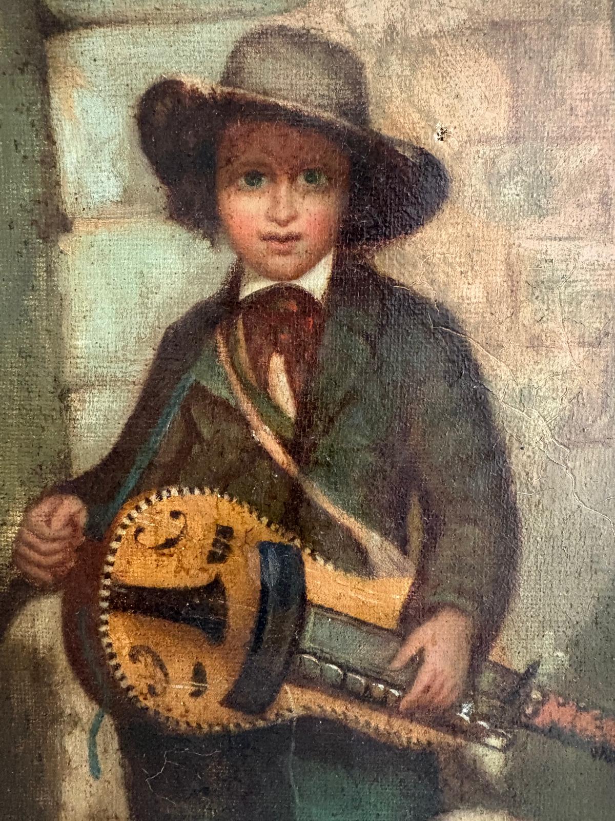 Antique 19th Century Oil Painting Savoyard  Boy with Hurdy Gurdy and Dog - Collector & Curator