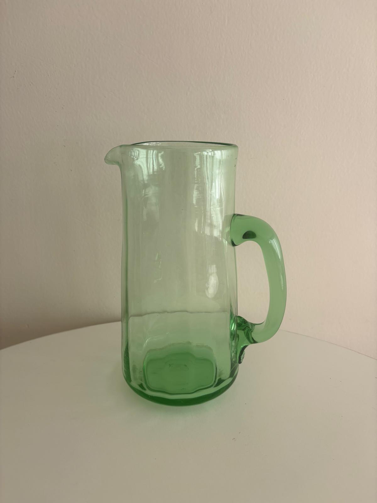 Vintage Pale Green Art Glass Pitcher with Applied Handle & Stamped Rosette, European c. 1930s–50s - Collector & Curator