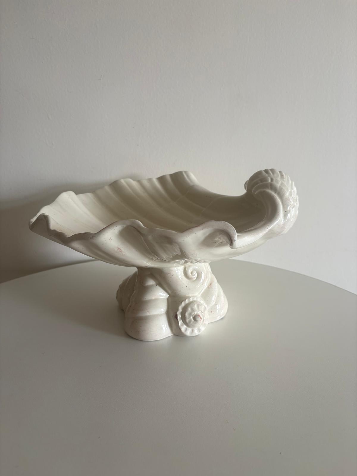Vintage Italian White Ceramic Shell Centerpiece  Compote, Large Seashell Pedestal Bowl, Made in Italy - Collector & Curator