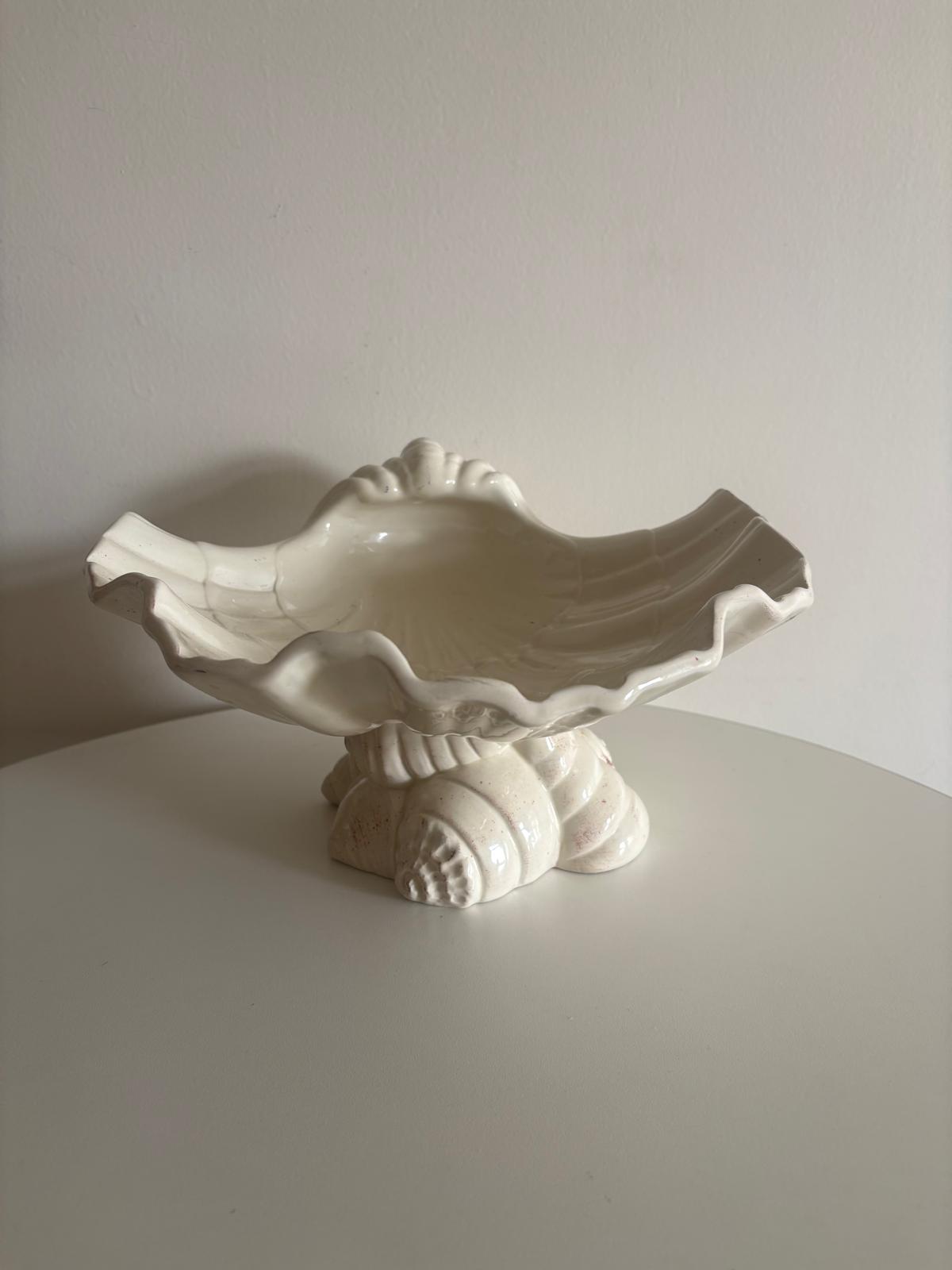 Vintage Italian White Ceramic Shell Centerpiece  Compote, Large Seashell Pedestal Bowl, Made in Italy - Collector & Curator