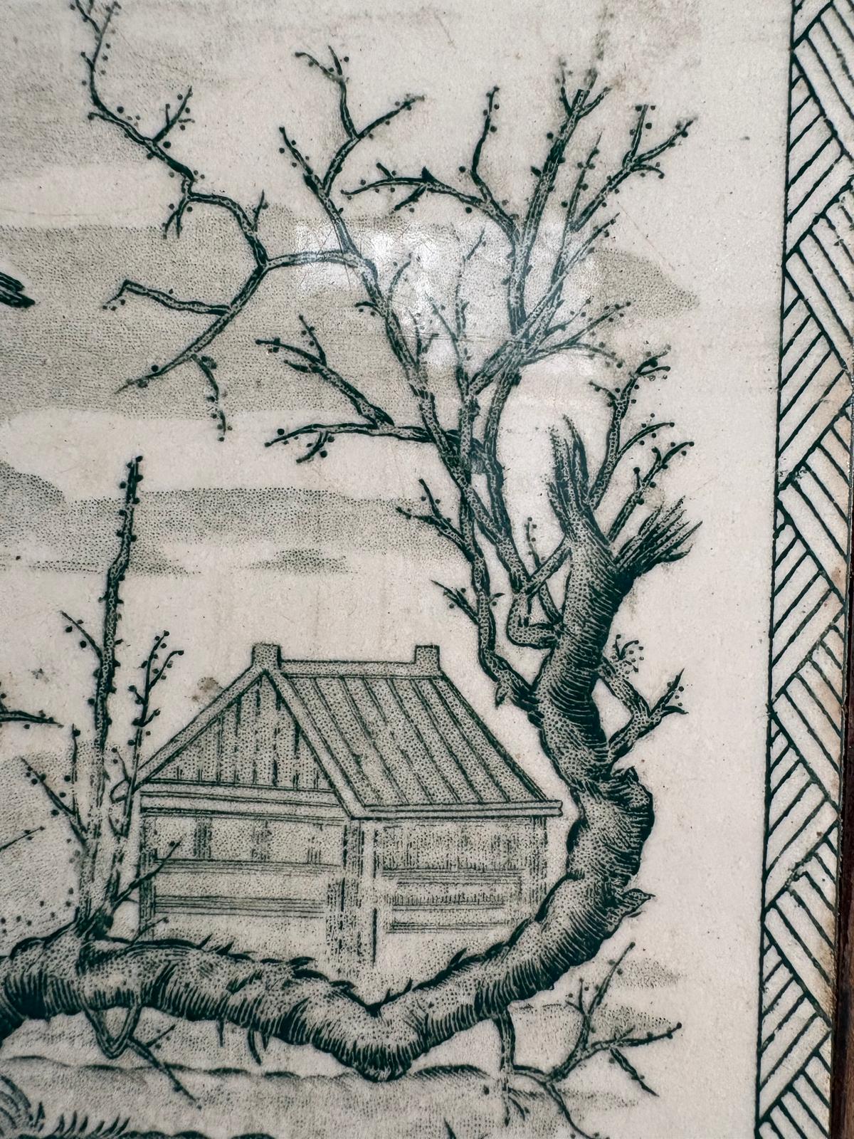 Vintage French Green Transferware Bird & Cottage Tile Trivet in Carved Wood Frame - Collector & Curator