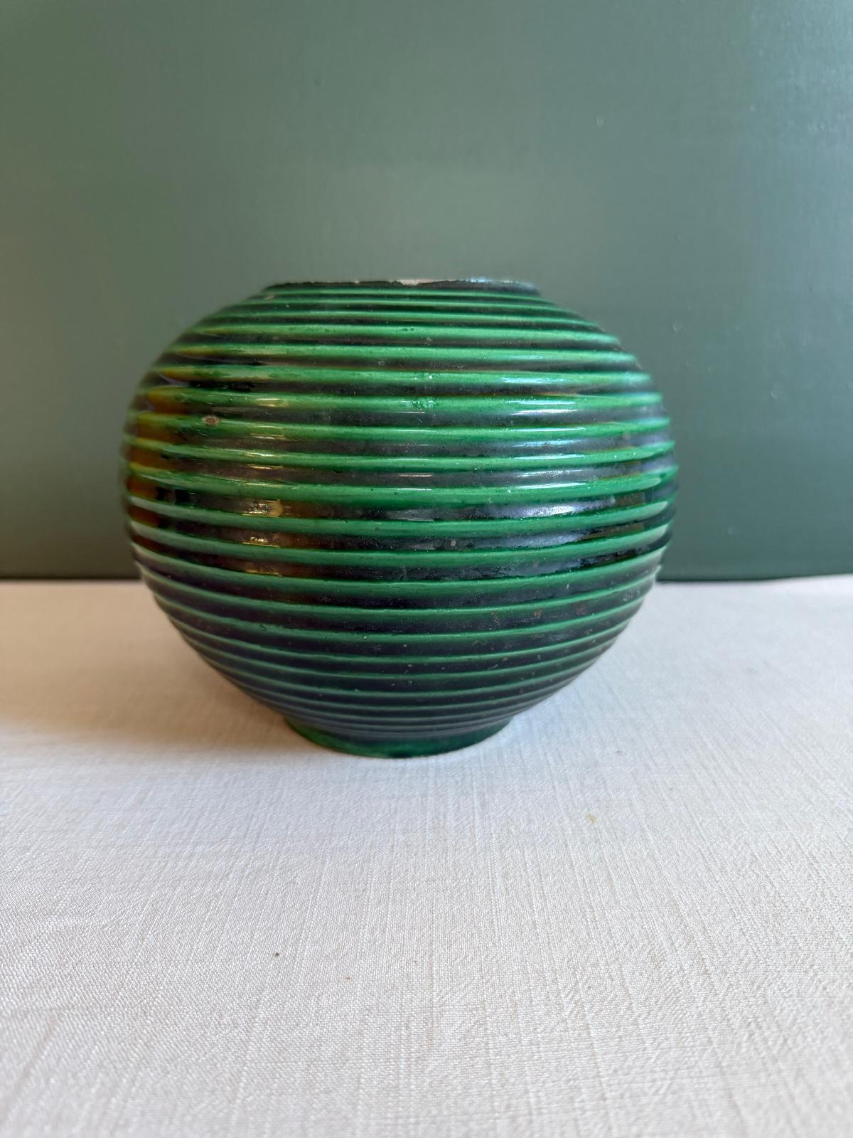 Vintage French Saint-Clément Green Ribbed Ball Vase
