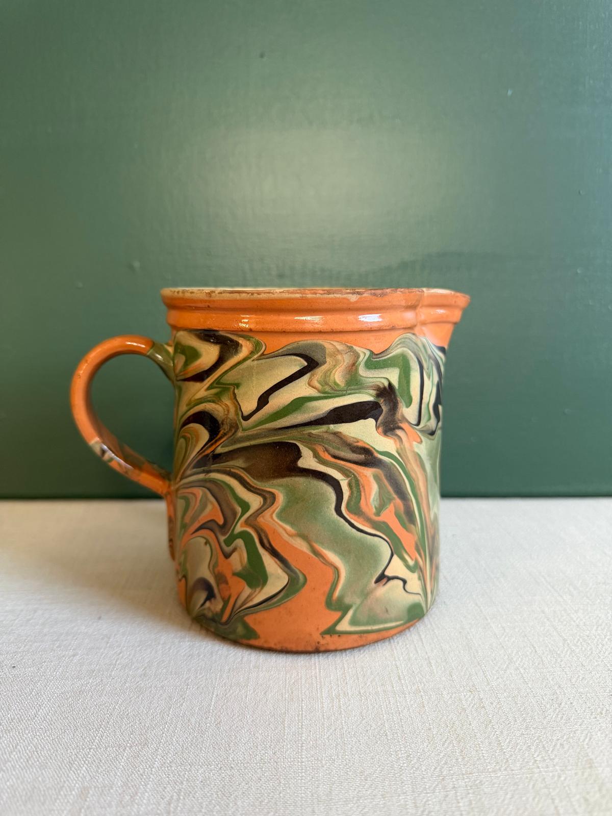 Antique French Savoyard Jaspé Pottery Pitcher, Marbled Slipware Jug, c. 1900