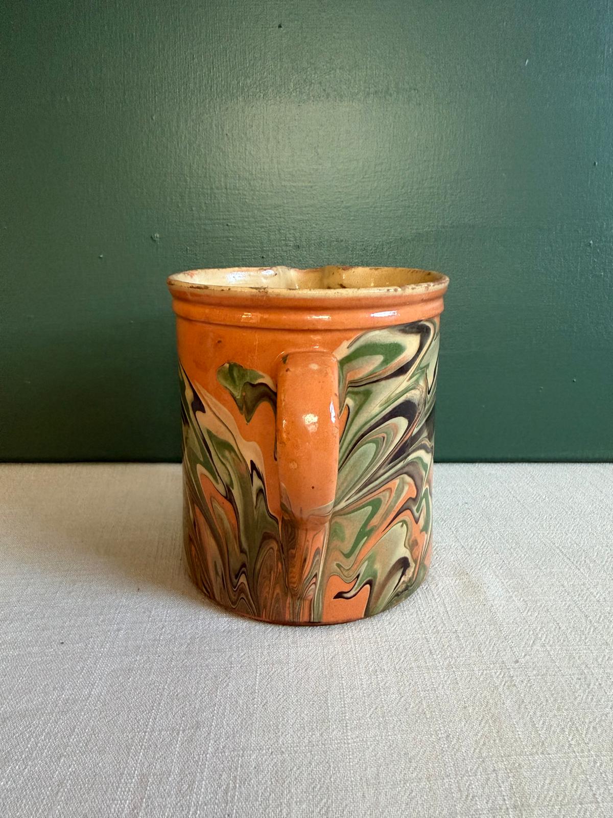 Antique French Savoyard Jaspé Pottery Pitcher, Marbled Slipware Jug, c. 1900
