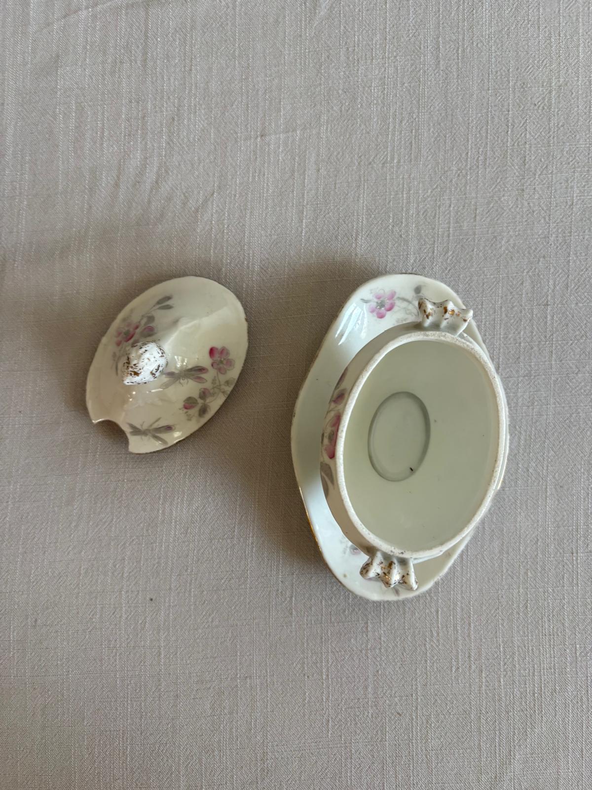 Pair of Vintage French Porcelain Covered Condiment Dishes with Underplates