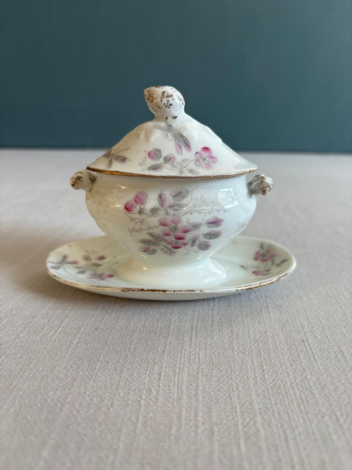 Pair of Vintage French Porcelain Covered Condiment Dishes with Underplates