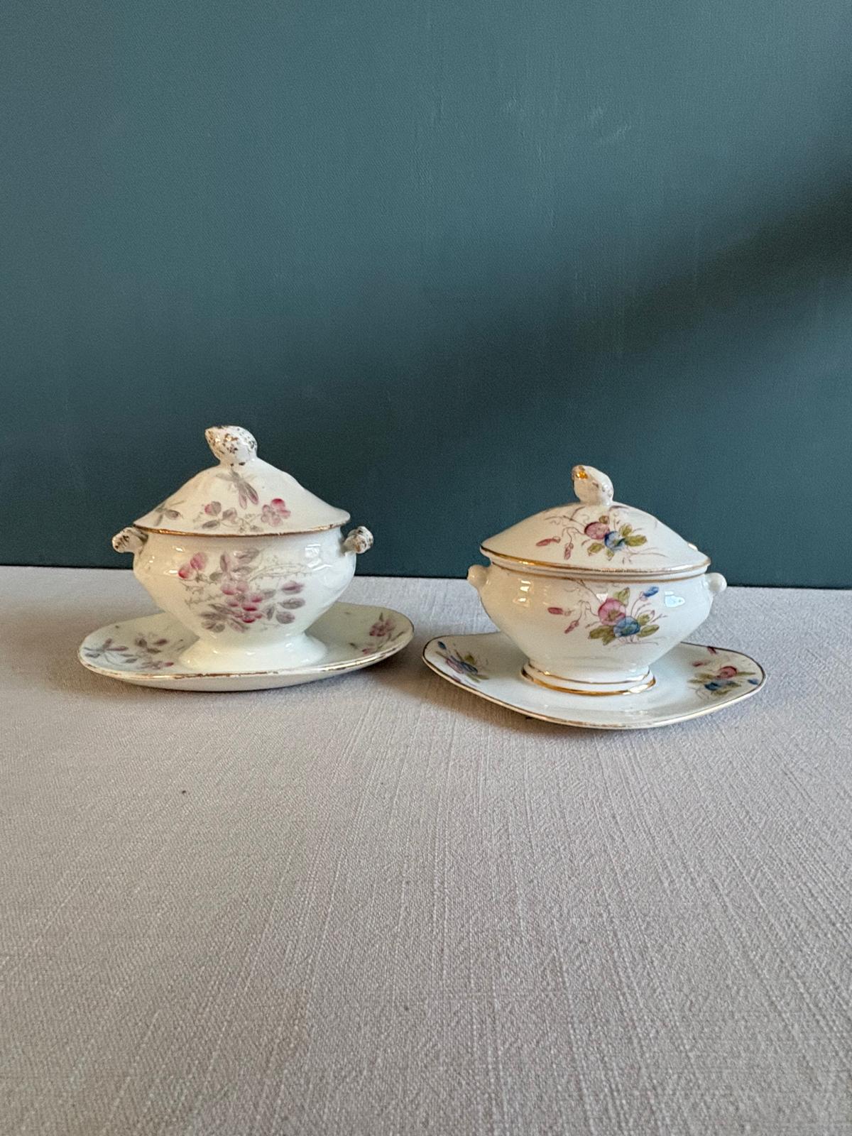 Pair of Vintage French Porcelain Covered Condiment Dishes with Underplates