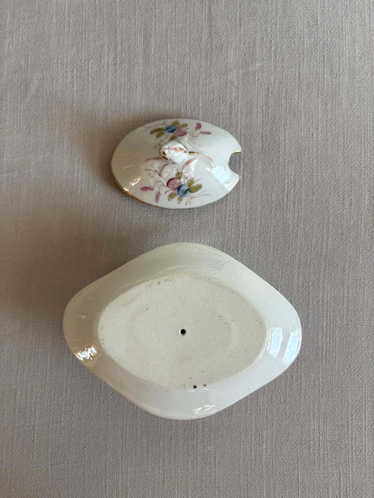 Pair of Vintage French Porcelain Covered Condiment Dishes with Underplates