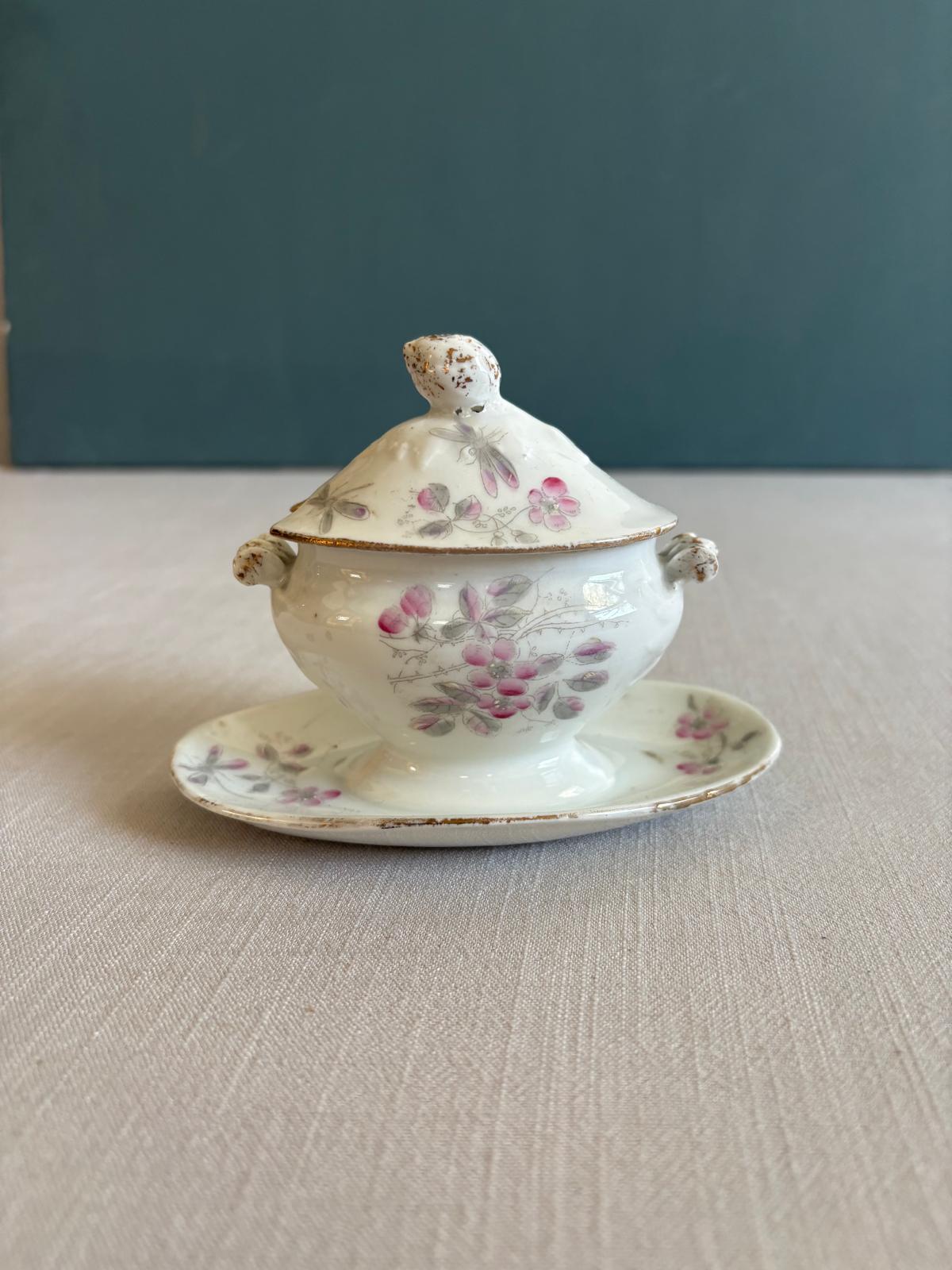 Pair of Vintage French Porcelain Covered Condiment Dishes with Underplates