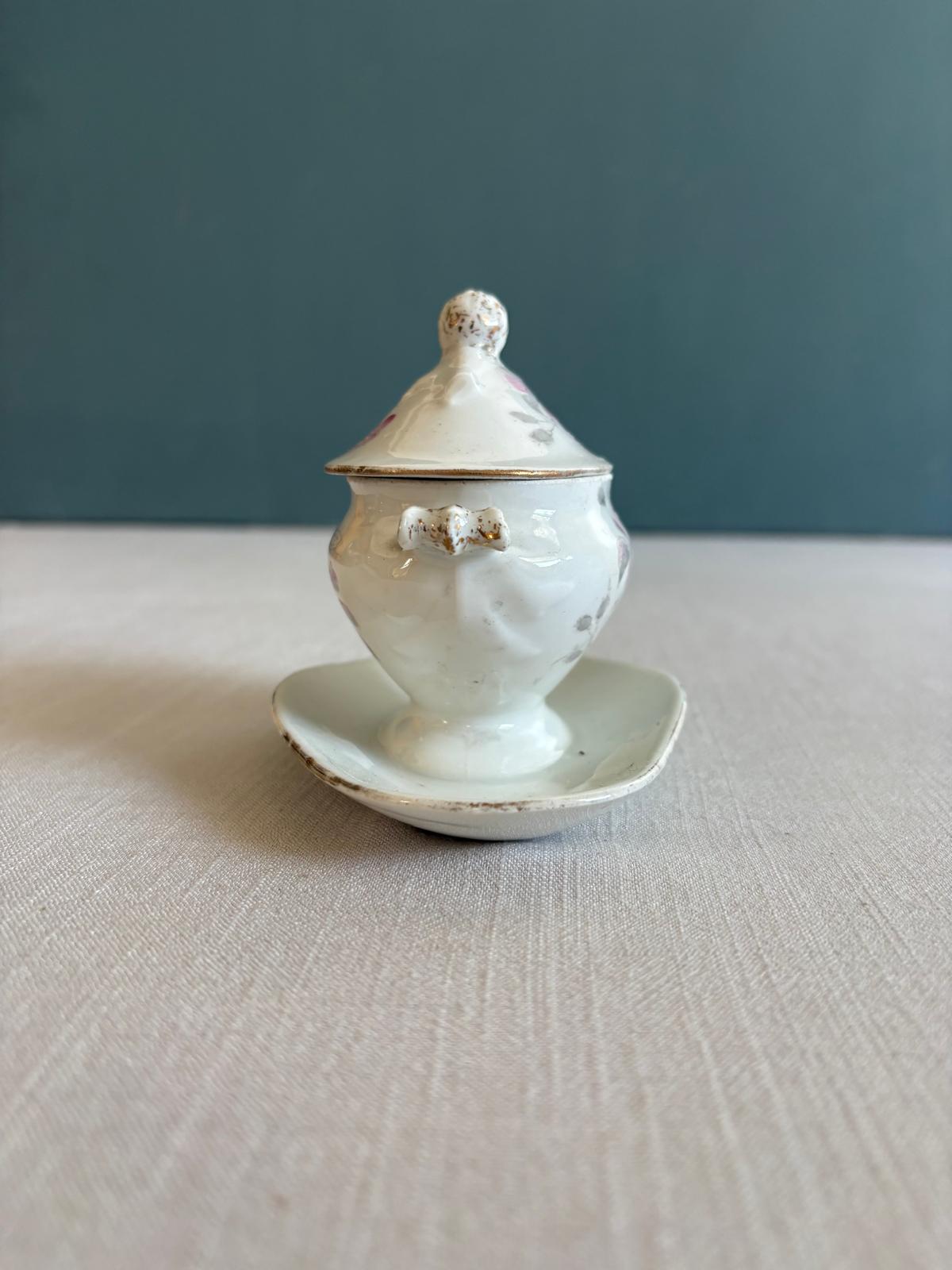 Pair of Vintage French Porcelain Covered Condiment Dishes with Underplates