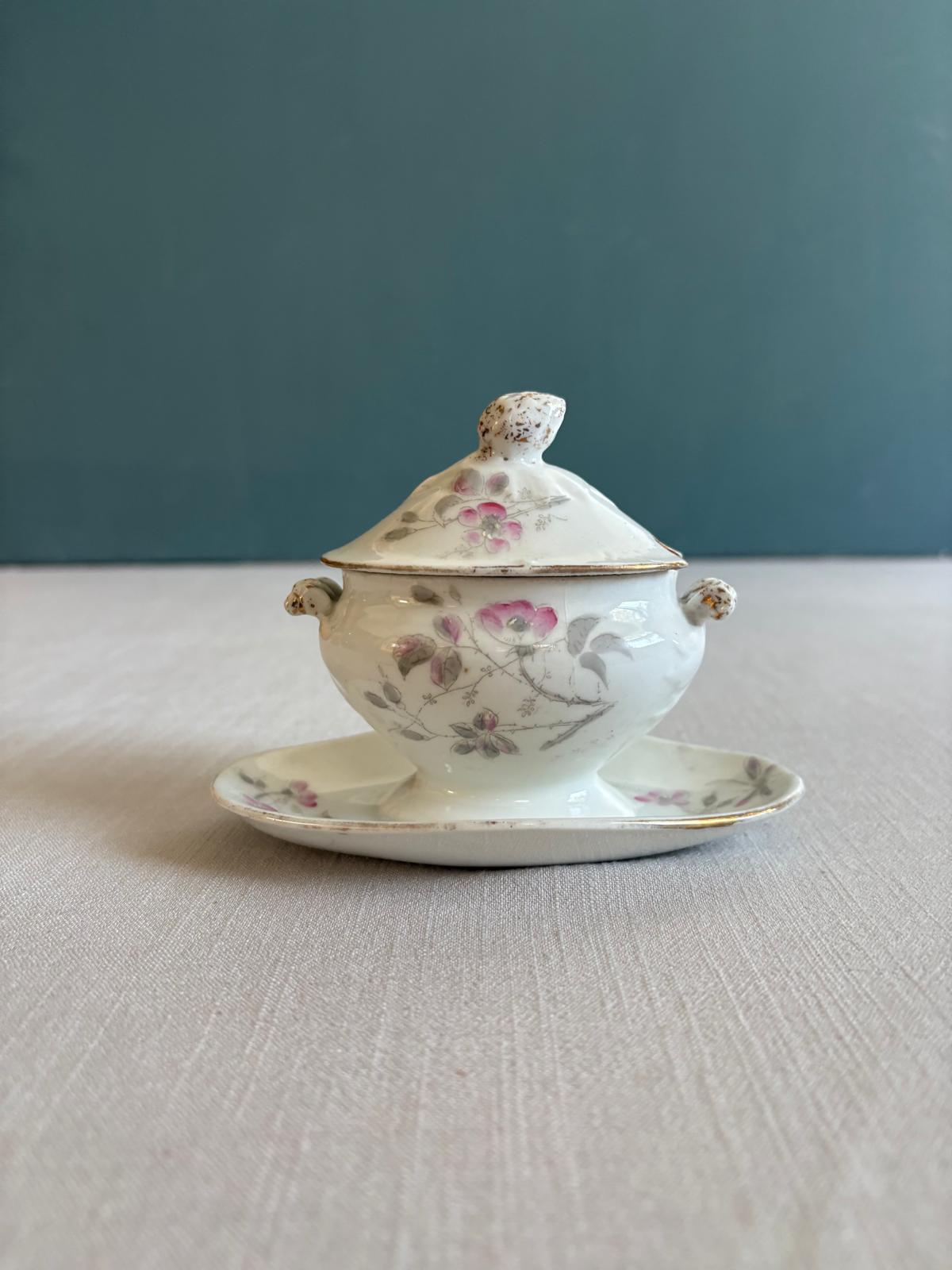 Pair of Vintage French Porcelain Covered Condiment Dishes with Underplates