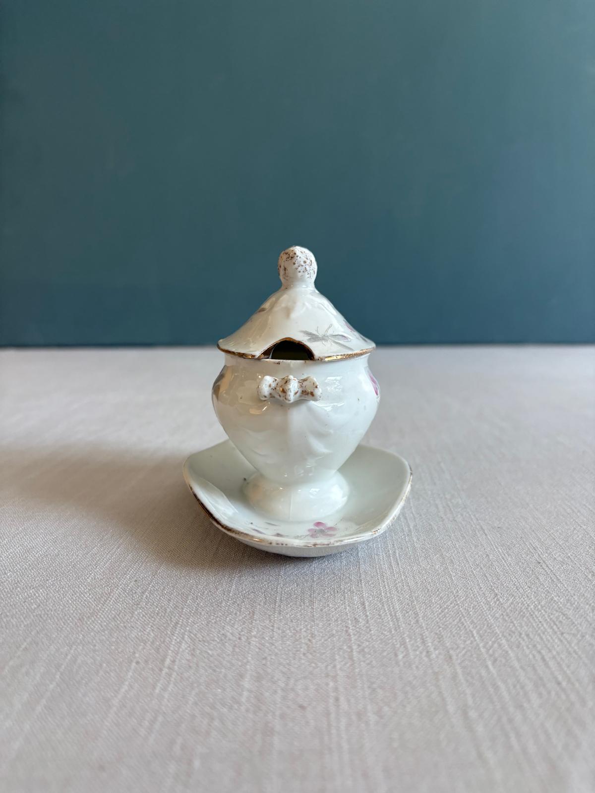 Pair of Vintage French Porcelain Covered Condiment Dishes with Underplates