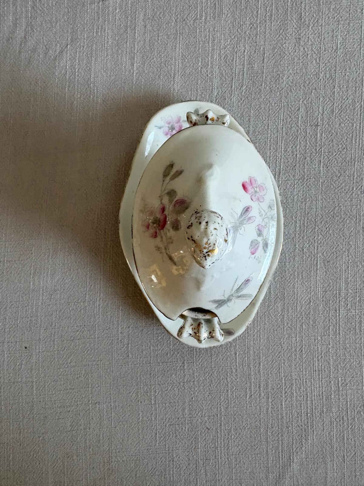 Pair of Vintage French Porcelain Covered Condiment Dishes with Underplates