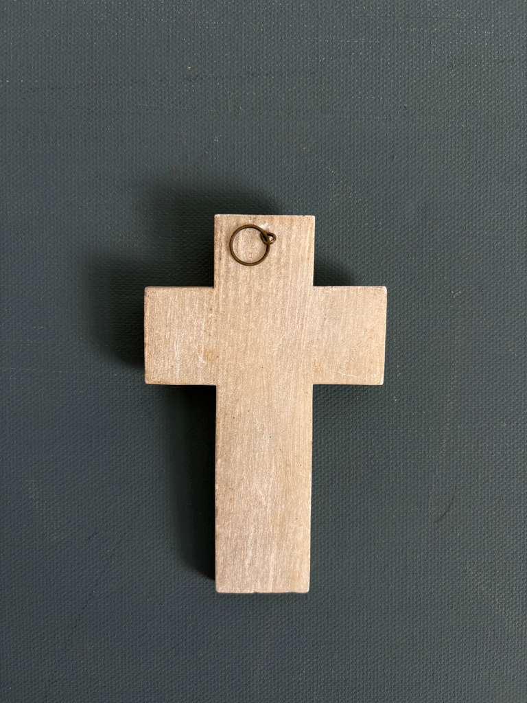 Lourdes Alabaster Cross with Hand Painting with  religious miniature (likely also Hand Painted) "G"