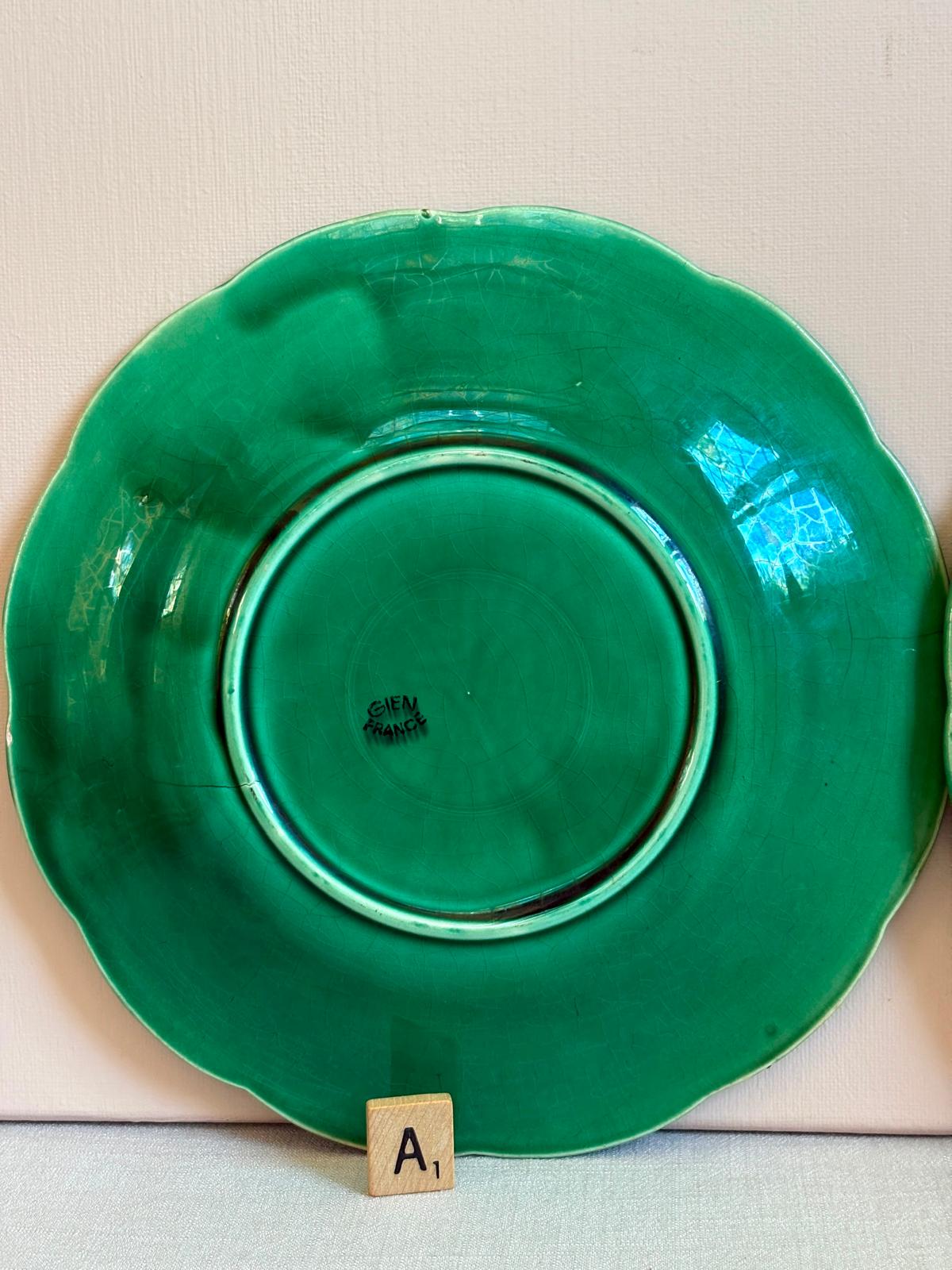 Vintage Gien France Green  Majolica Leaf Plate "A"