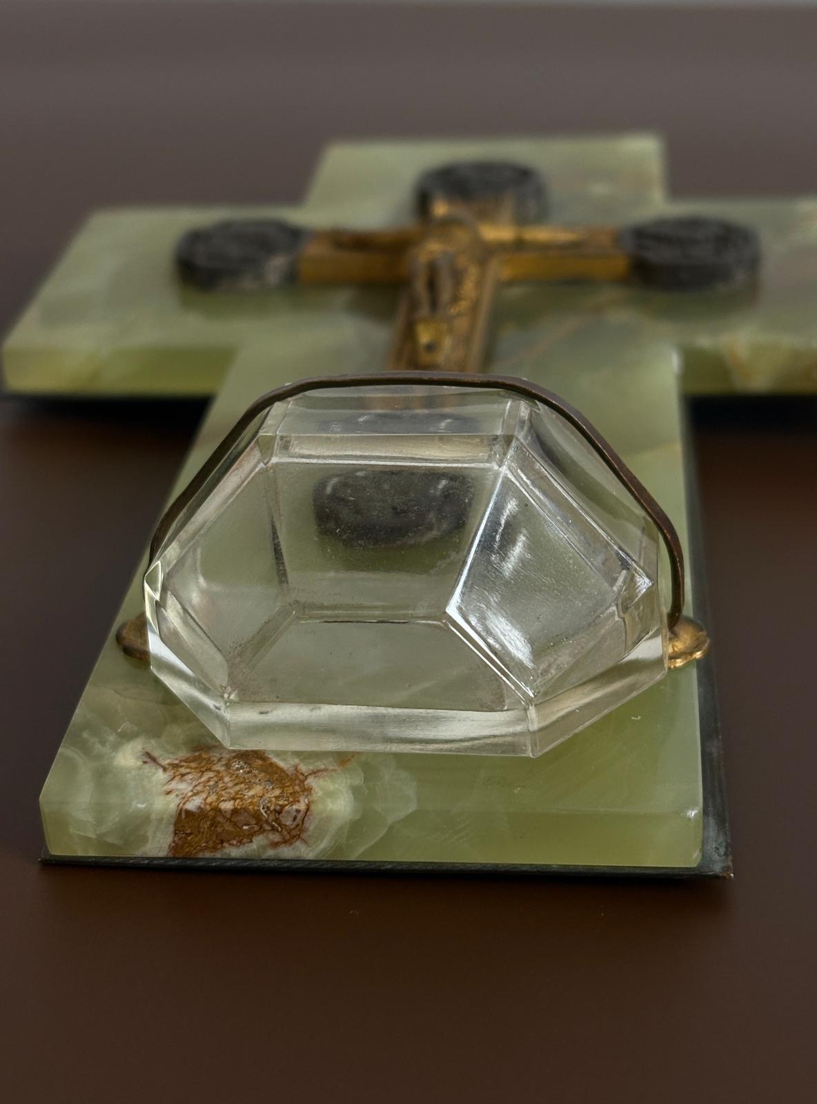 Antique French Green Onyx Holy Water Font with Gilt Crucifix & Faceted Glass Bénitier - Collector & Curator