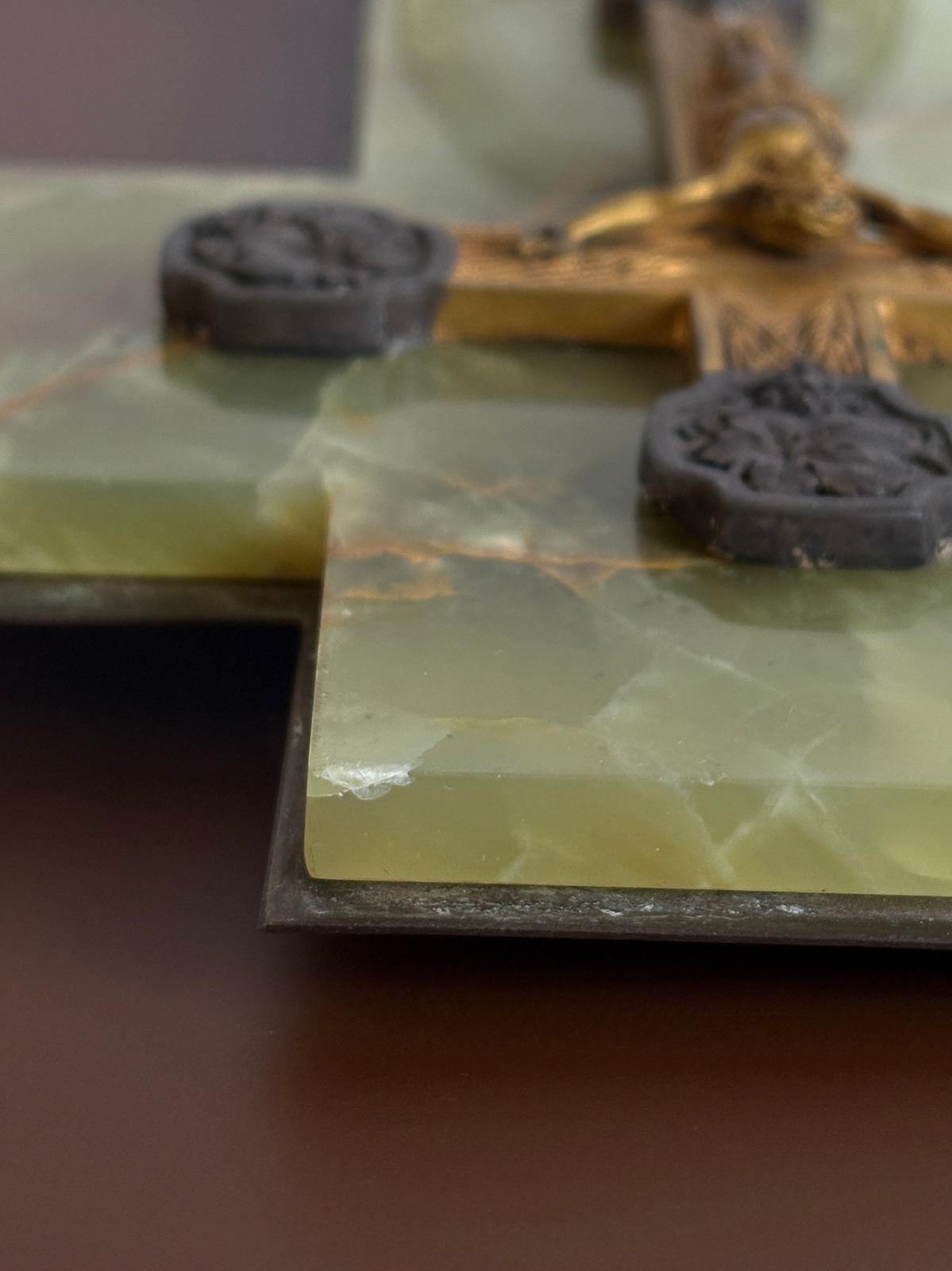 Antique French Green Onyx Holy Water Font with Gilt Crucifix & Faceted Glass Bénitier - Collector & Curator