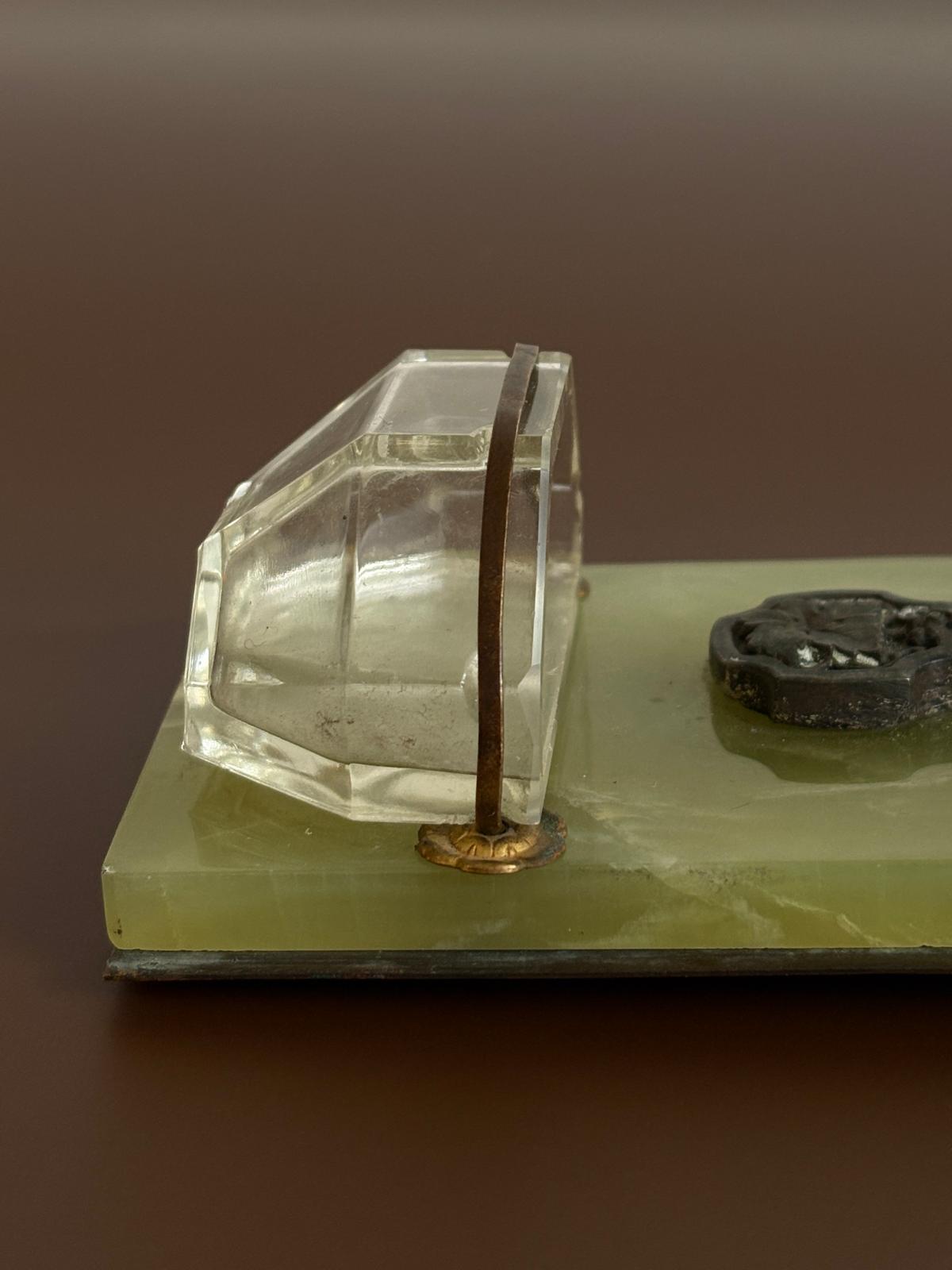 Antique French Green Onyx Holy Water Font with Gilt Crucifix & Faceted Glass Bénitier - Collector & Curator