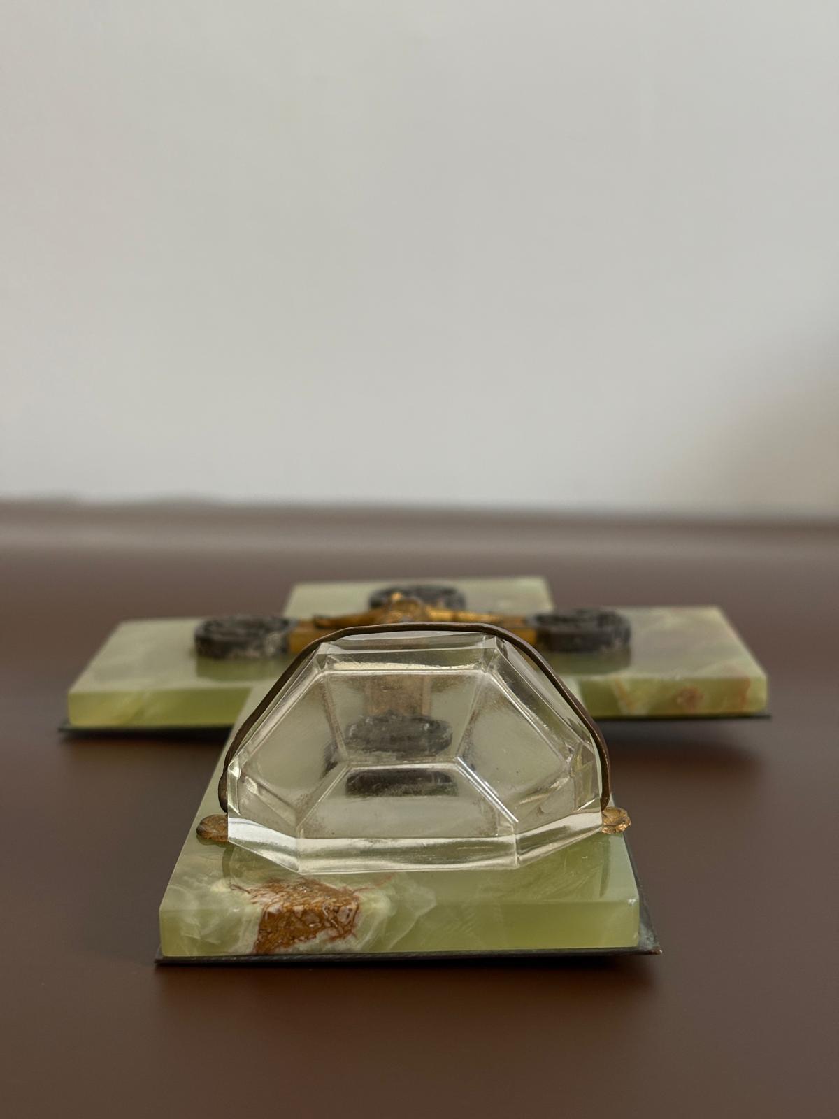 Antique French Green Onyx Holy Water Font with Gilt Crucifix & Faceted Glass Bénitier - Collector & Curator