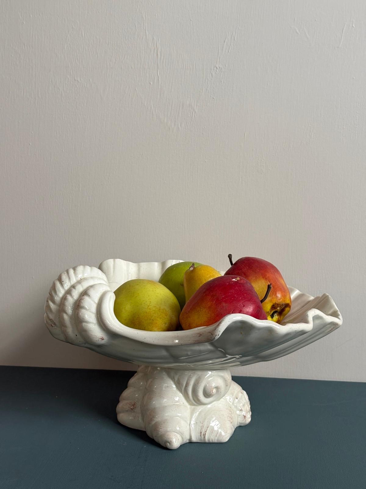 Vintage Italian White Ceramic Shell Centerpiece  Compote, Large Seashell Pedestal Bowl, Made in Italy - Collector & Curator