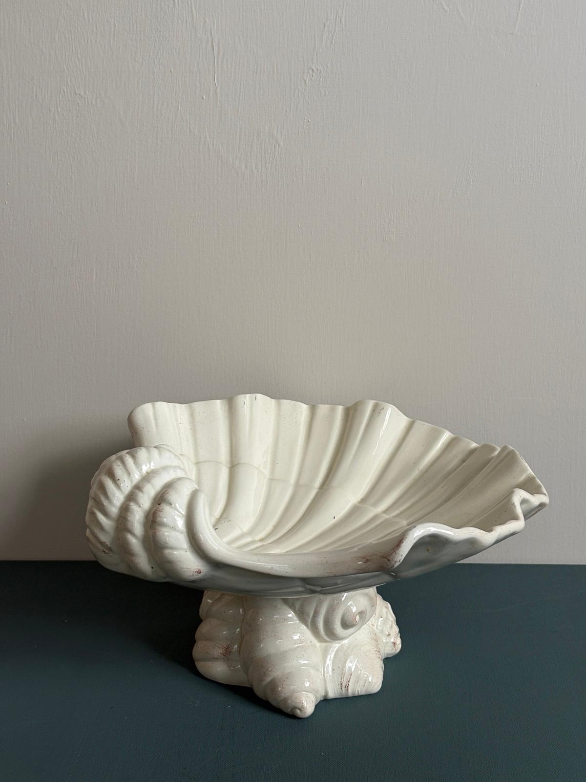 Vintage Italian White Ceramic Shell Centerpiece  Compote, Large Seashell Pedestal Bowl, Made in Italy - Collector & Curator