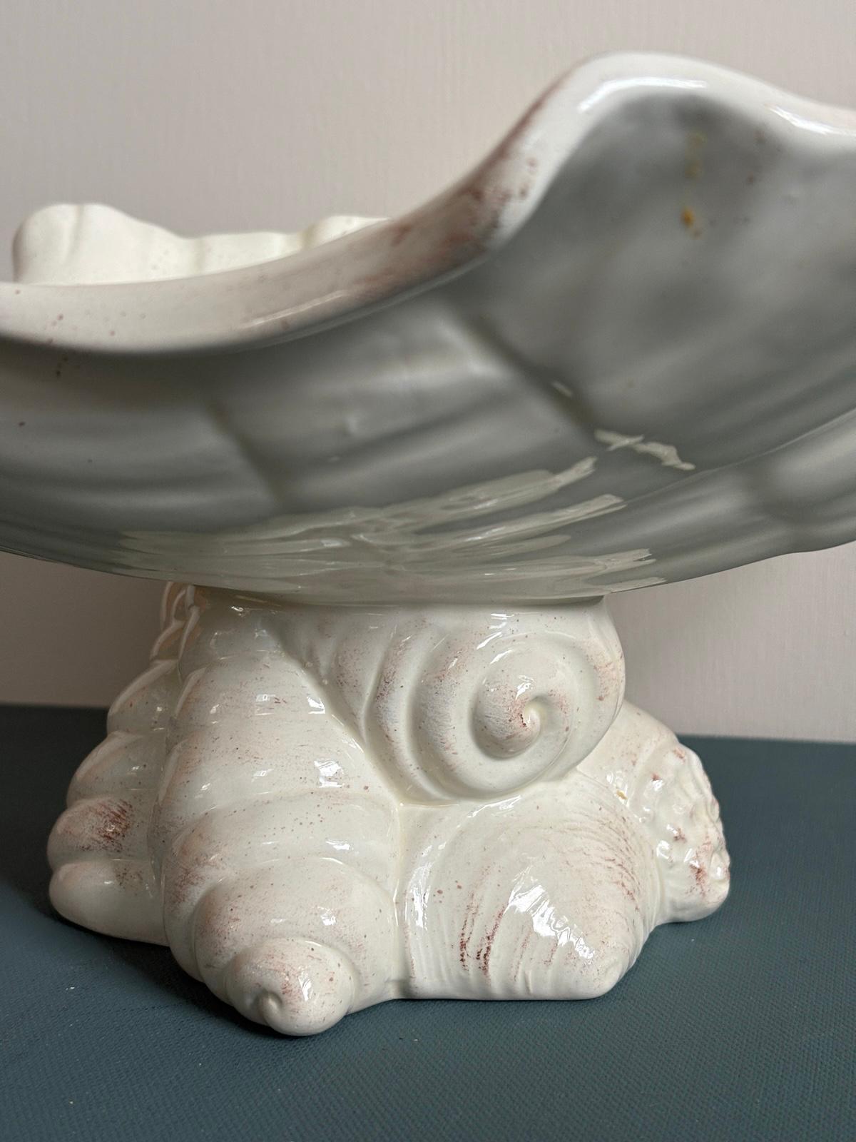 Vintage Italian White Ceramic Shell Centerpiece  Compote, Large Seashell Pedestal Bowl, Made in Italy - Collector & Curator