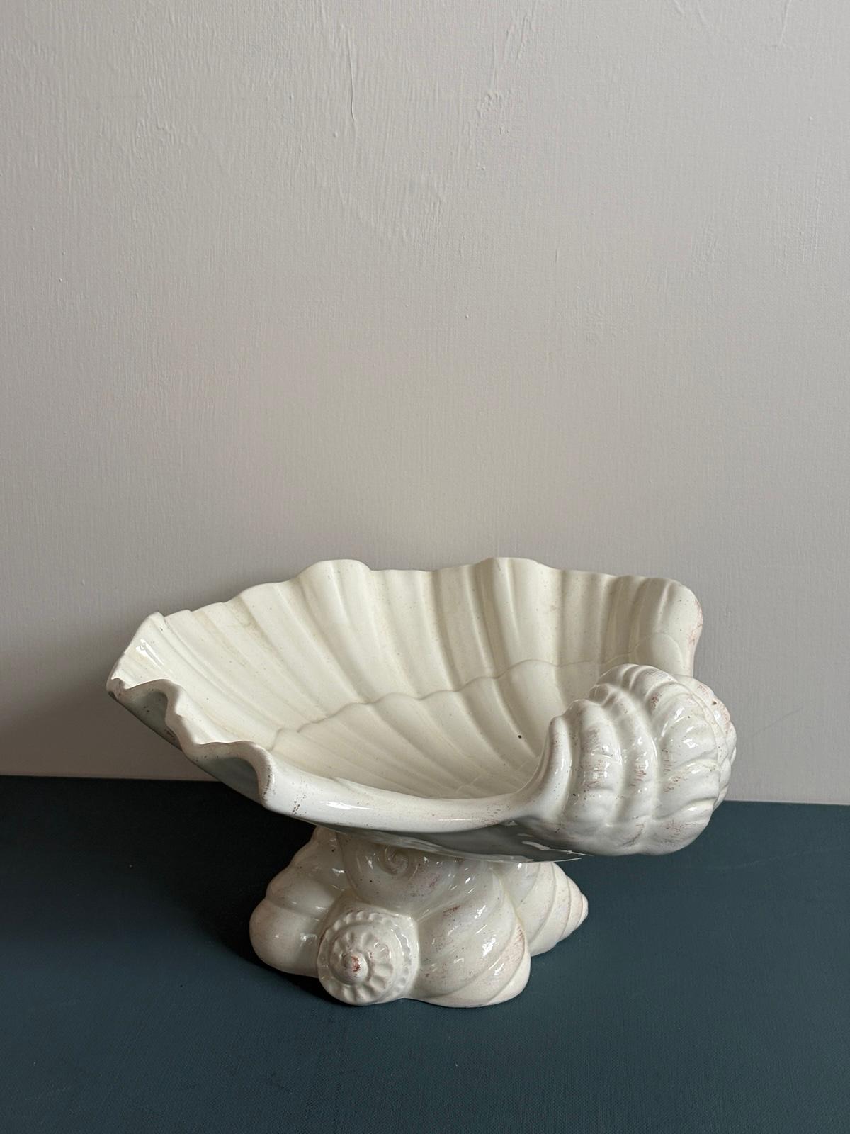 Vintage Italian White Ceramic Shell Centerpiece  Compote, Large Seashell Pedestal Bowl, Made in Italy - Collector & Curator