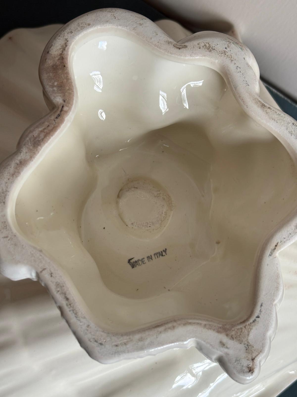 Vintage Italian White Ceramic Shell Centerpiece  Compote, Large Seashell Pedestal Bowl, Made in Italy - Collector & Curator