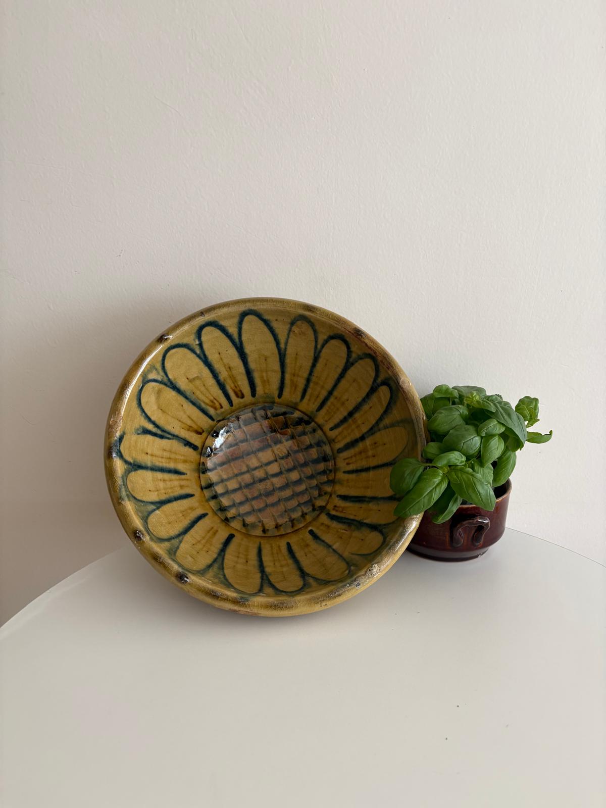 Vintage Yellow Glazed Pottery Bowl with Sunflower Design - Collector & Curator
