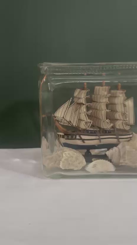 American Glass Battery Jar Display with  Simon Bolivar Model Ship & Shell Collection